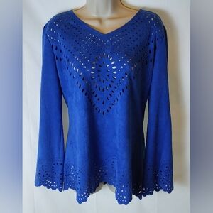 Alberto Makali Women's V-Neck Laser-Cut Faux Suede Top - Cobalt Blue